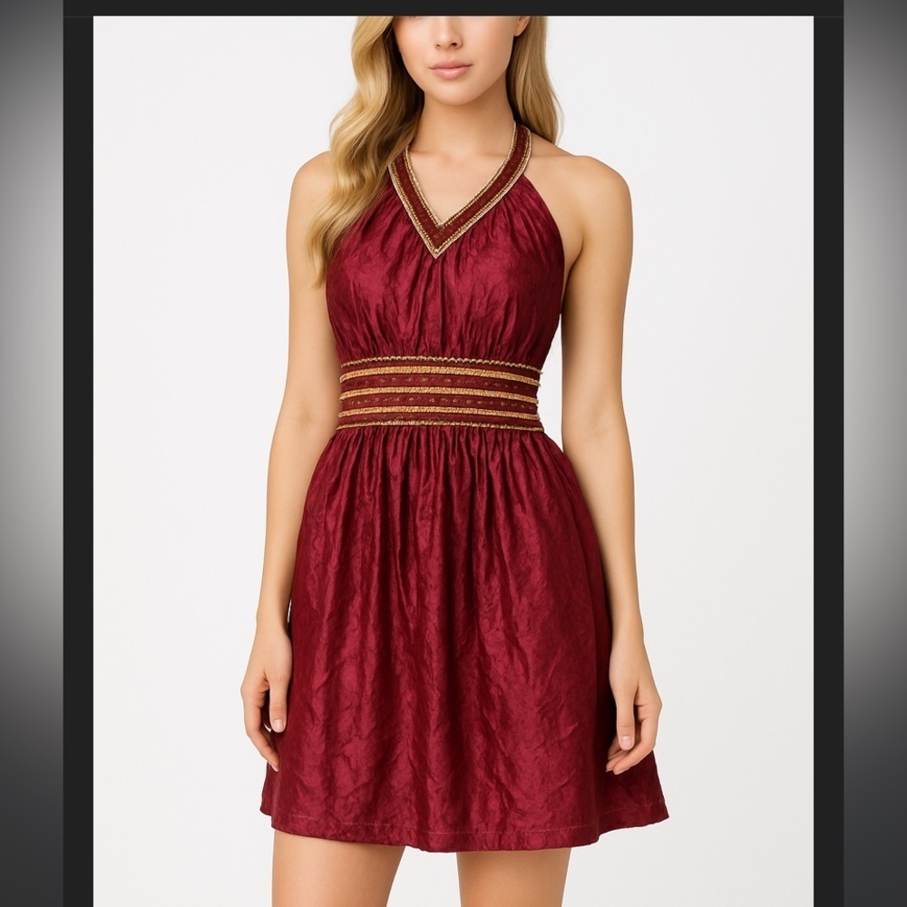 Y2k maroon gold evening dress with dangle beads formal classic fall boho halter